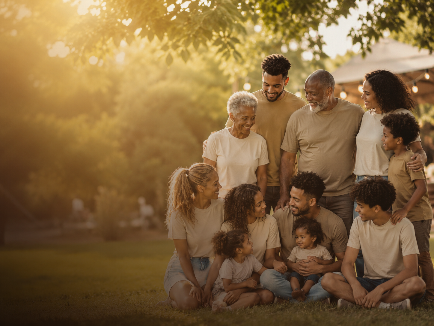 Multigenerational family in matching earth-tone t-shirts at an outdoor reunion